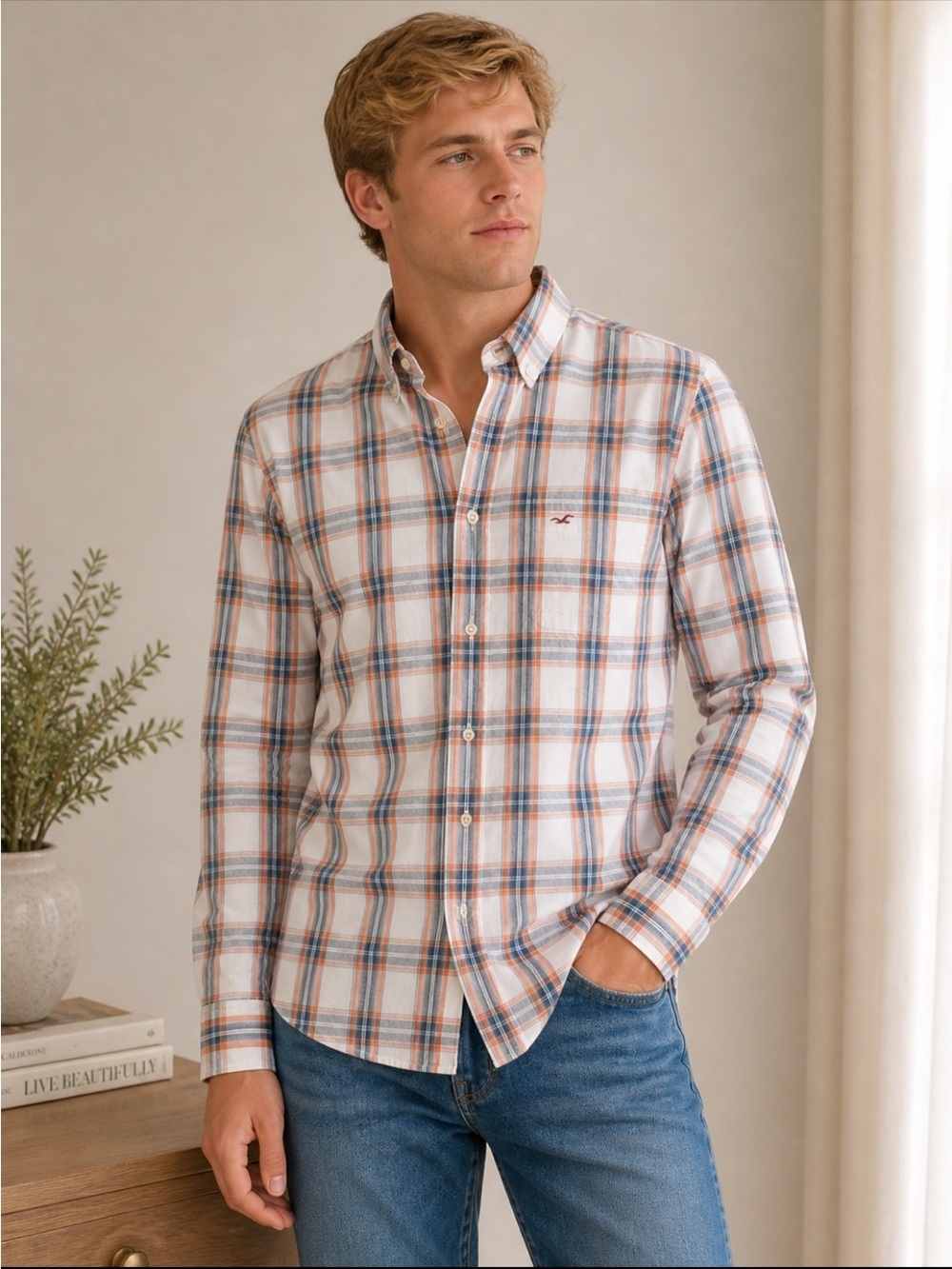 HOLLISTER California Shirt Mens long sleeve XL White Orange Blue Plaid Y2K
